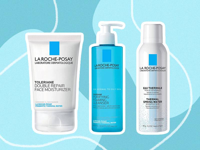 La Roche-Posay Toleriane Double Repair Face Moisturizer, La Roche-Posay Toleriane Purifying Foaming Facial Wash and La Roche-Posay Thermal Spring Water Face Mist on blue graphic background  
