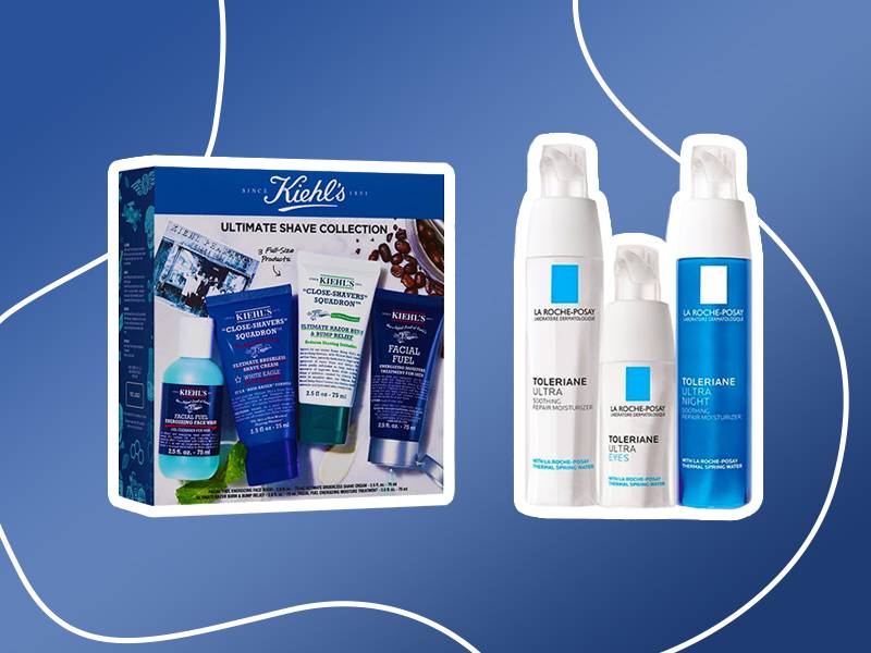 Kiehl’s Ultimate Shave Collection Gift Set and La Roche-Posay Ultra Sensitive Skin Moisturizer Kit on blue graphic background