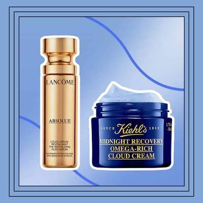 skincare products on blue background