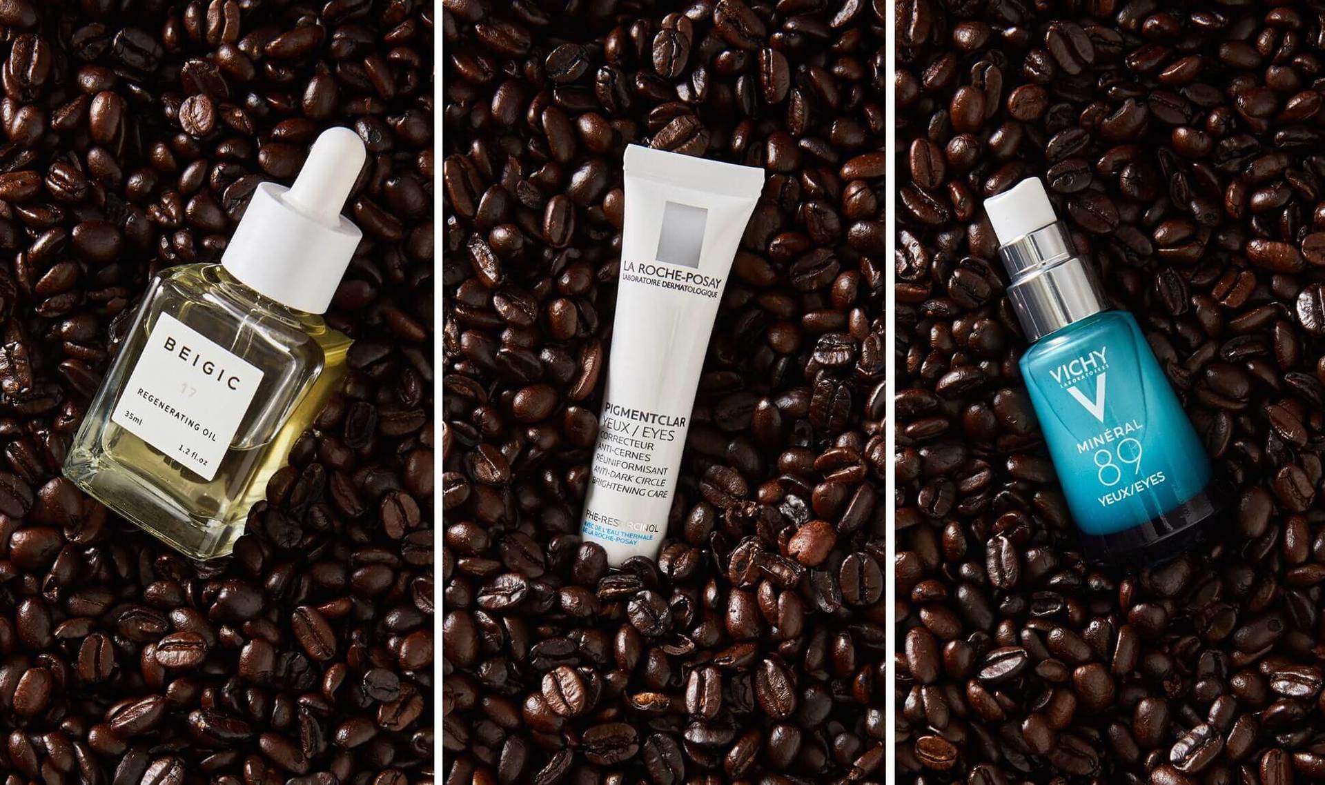 bottles of skincare products in coffee beans